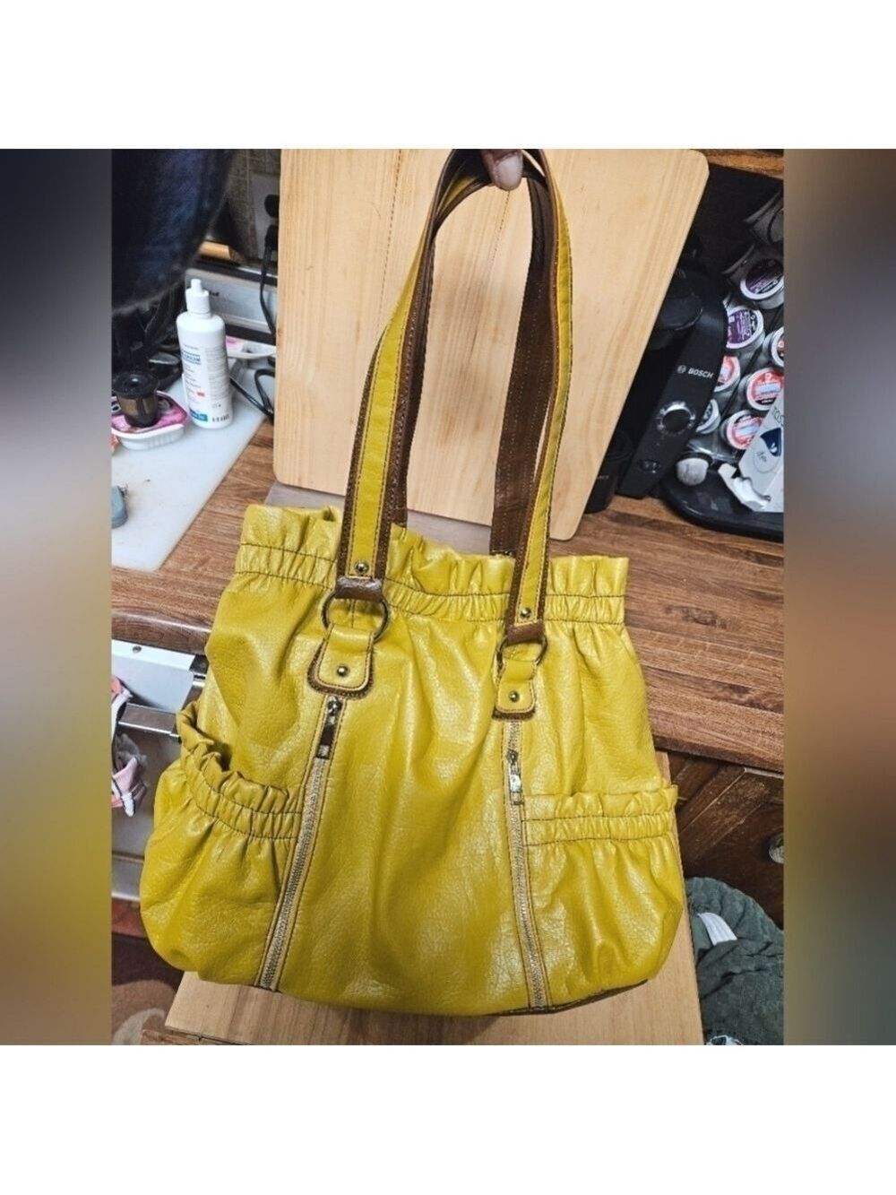 Mustard Yellow with Brown Accent Soft Faux Leather Hobo Shoulder Bag